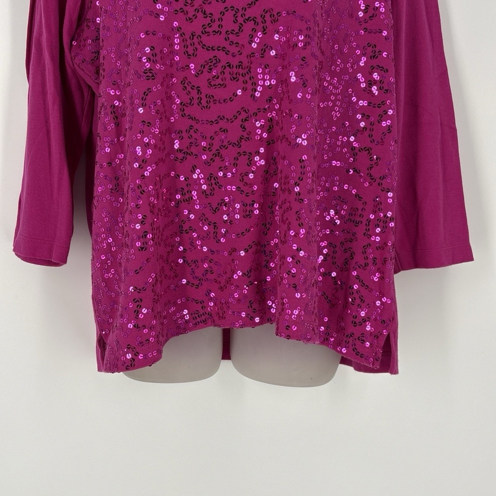 Quacker Factory Pink Sequin V-Neck Top Shirt Size L Blouse 3/4th Sleeve‎ - Picture 3 of 8